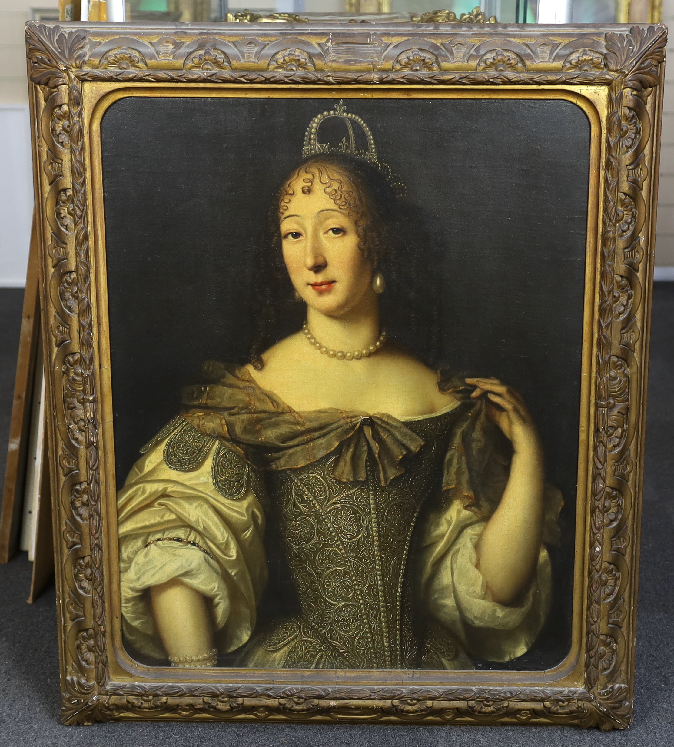 Attributed to Pieter Nason (Dutch, 1612-1688), Portrait of a noble woman wearing a pearl set crown and elaborate embroidered dress, oil on canvas, 80 x 63cm